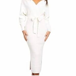 Elegant Cream Belted Sweater Dress